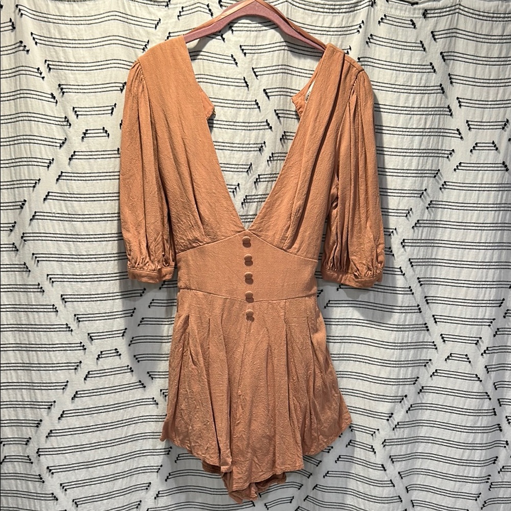 Elegant Tan Romper with Tie Waist